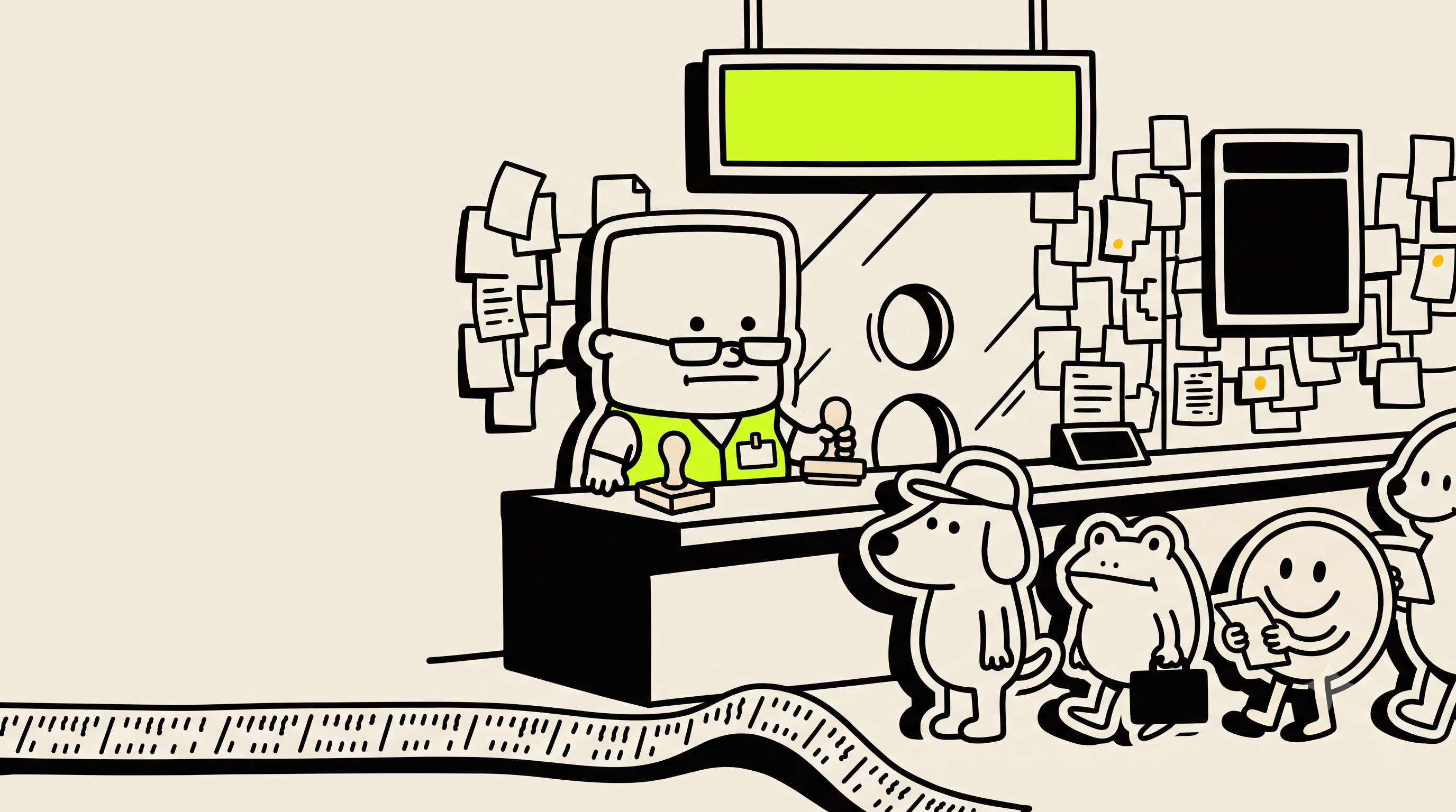 The Green Slip listing desk: the clerk CHOT behind a counter, a queue of nameless meme characters waiting with their files