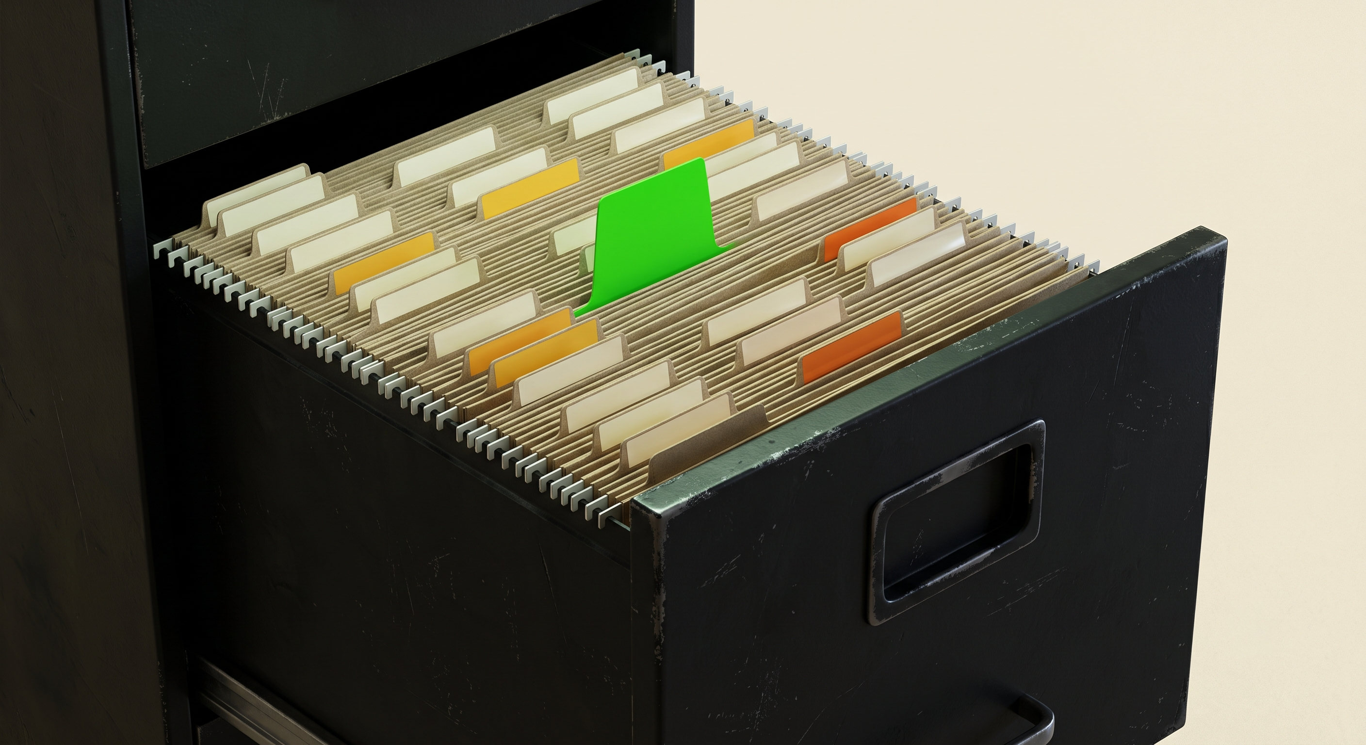 3D render of a steel file drawer half open, tabs in paper, pending, fail and one pass colour